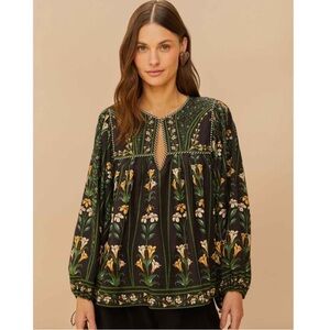 NWT Farm Rio Black Flowers Euroflax Blouse